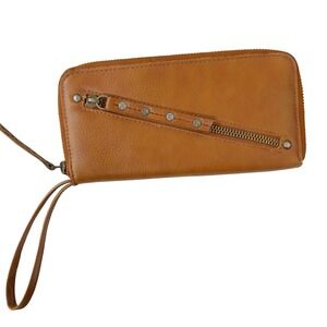 Free People Vegan Faux Leather Studded Wristlet Wallet Trendy Brown Zip Around